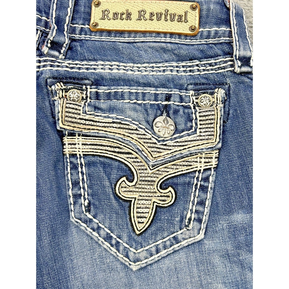 Rock Revival Jeans Womens 27x30 Kai Boot Thick Stitch Sequin Studs Perfect Fade - Picture 10 of 15